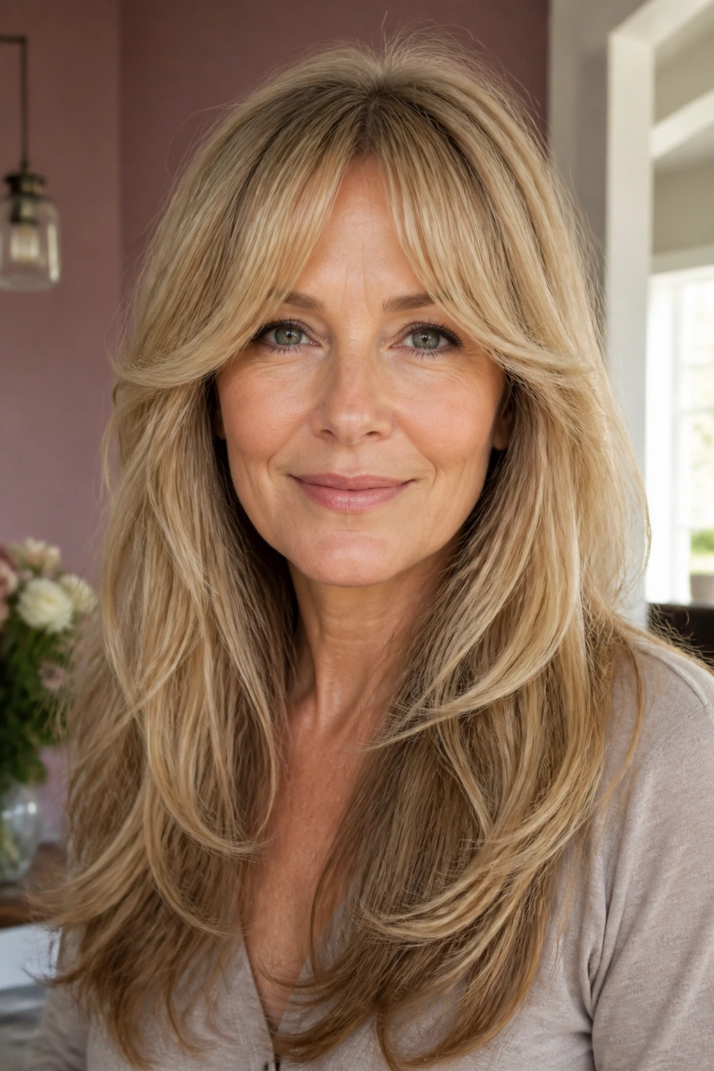 Close-up of a real woman with arched bangs and long layered hair framing the face