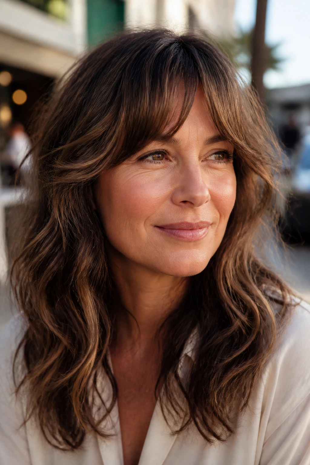 Close-up of a real woman with arched bangs and soft ends