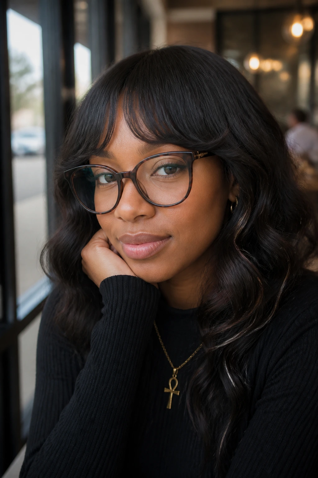 Close-up of real woman with arched bangs and glasses, cafe light