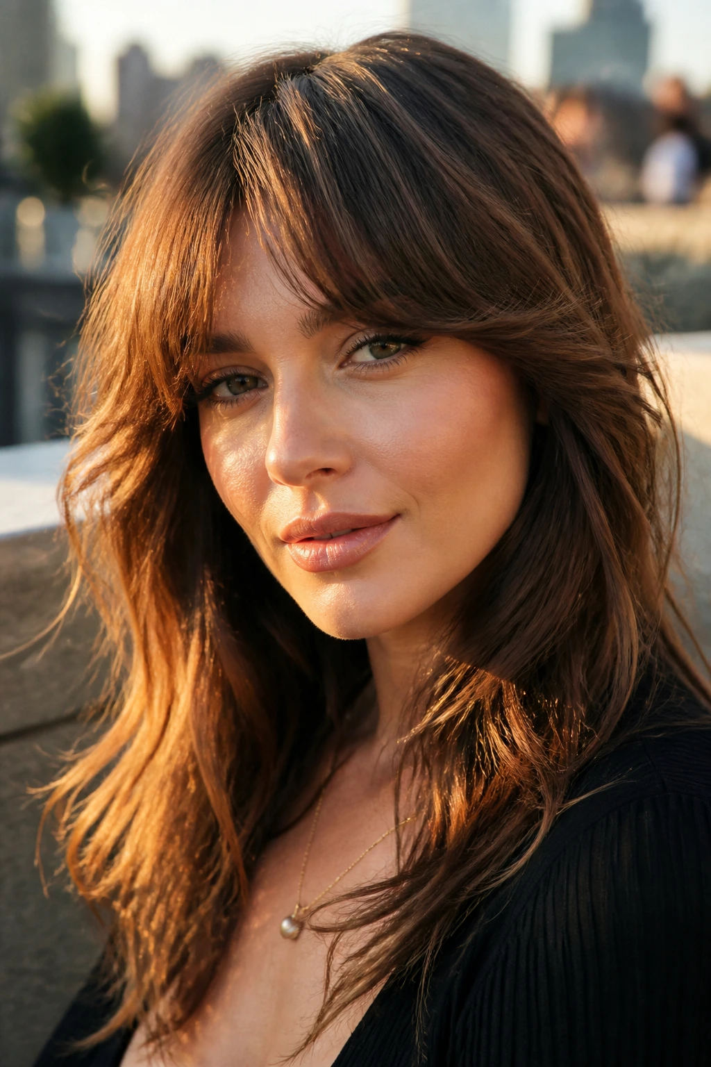 Real woman with arched Bardot bangs on an urban rooftop at golden hour