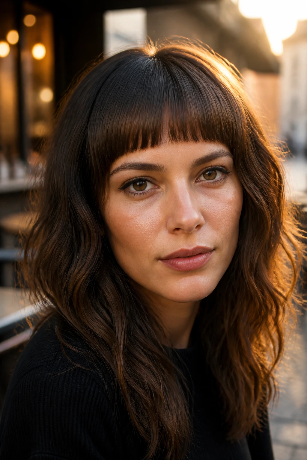 Brunette with arched blunt bangs in golden-hour cafe setting
