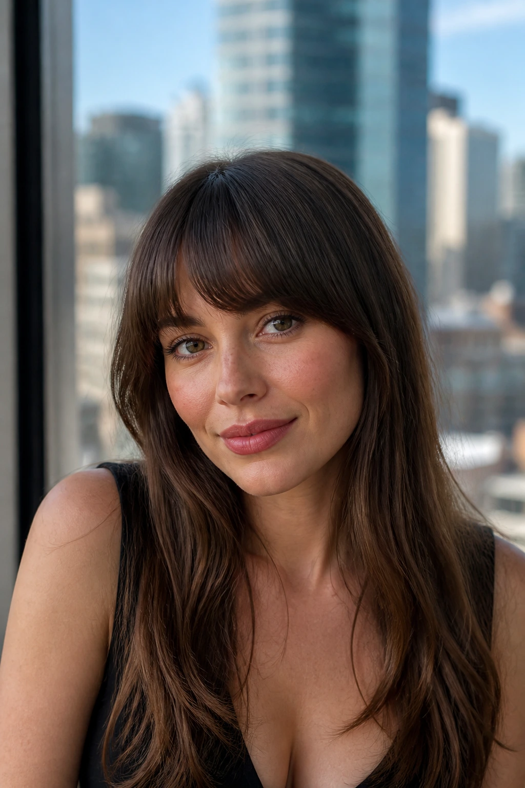 Close-up of a real woman with arched brow-grazer bangs in window light
