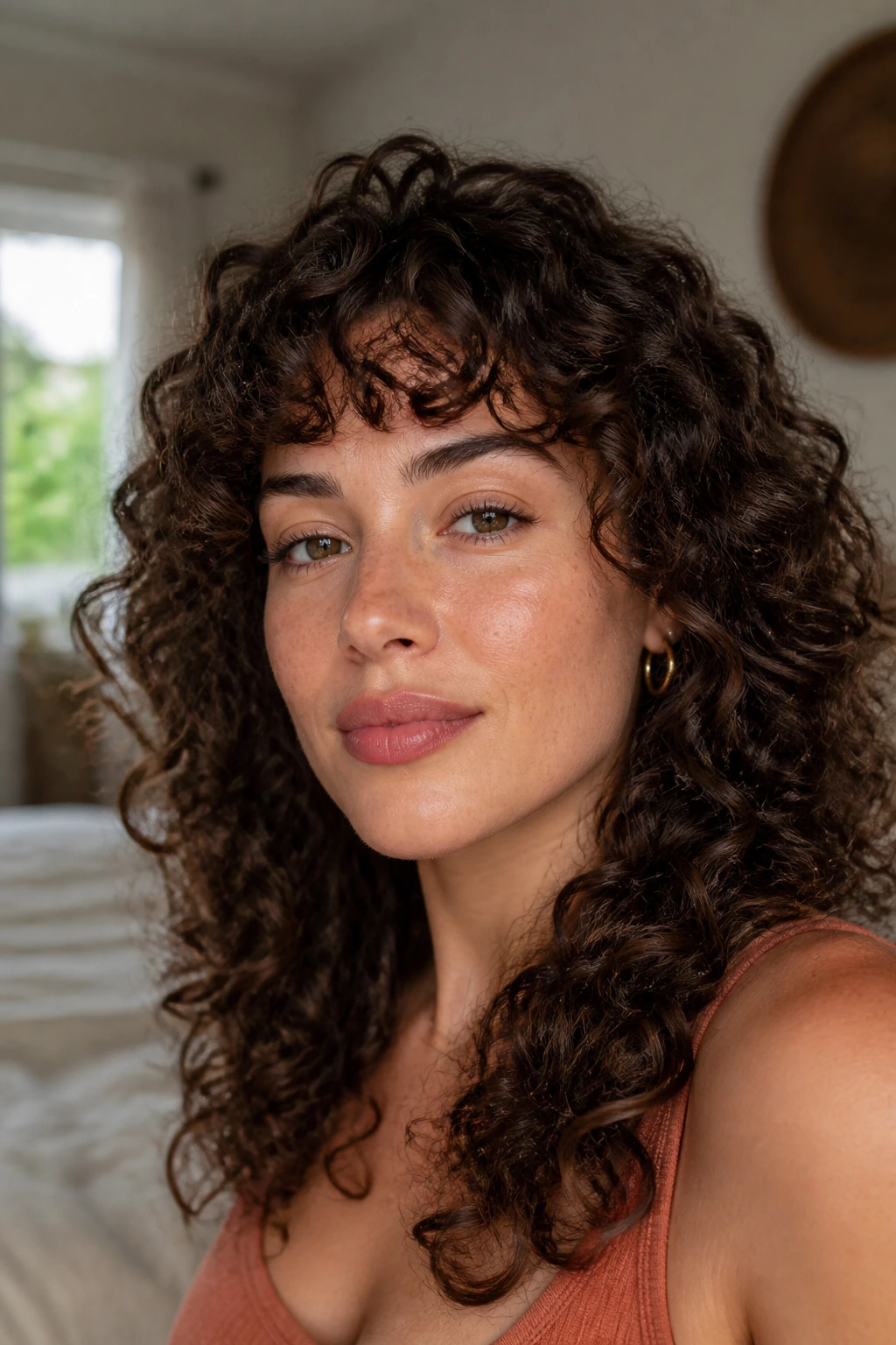 Close-up of a real woman with arched curly bangs framed by warm window light