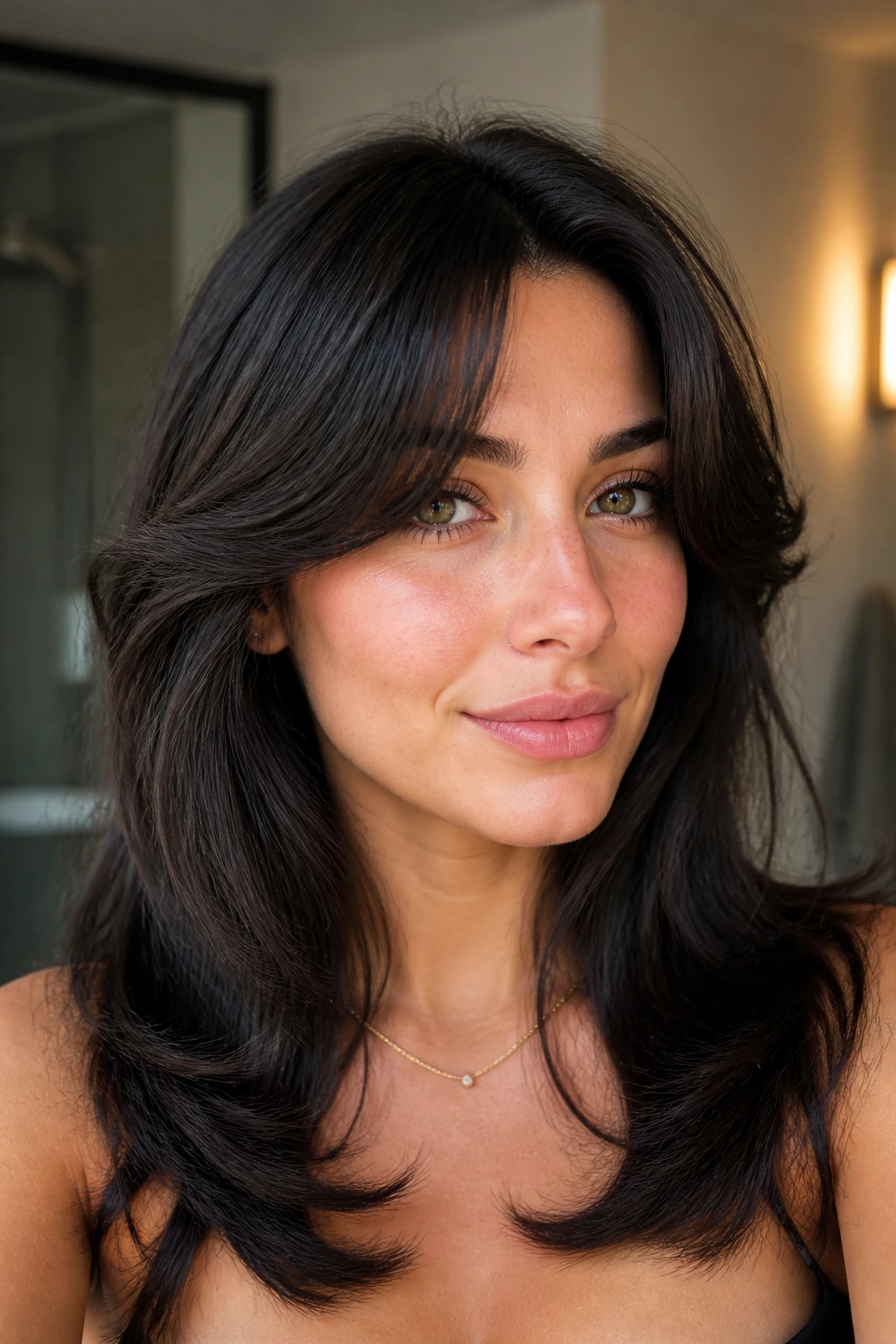Close-up portrait of a real woman with arched curtain bangs and rounded finish in warm light
