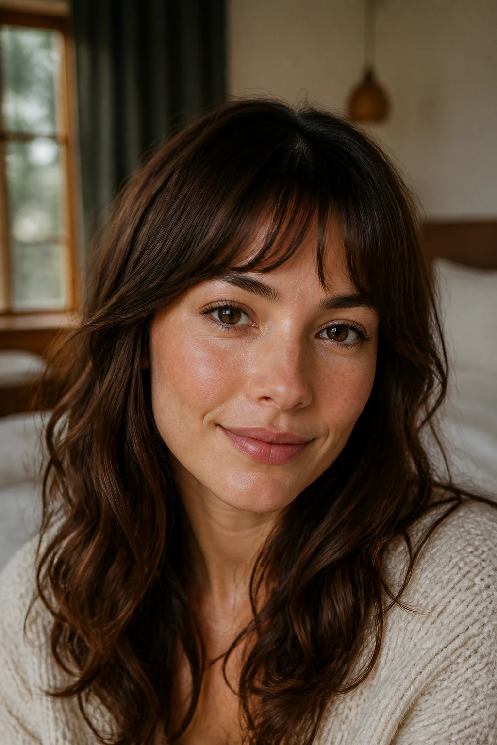 Close-up portrait of a real woman with an arched fringe on wavy hair in a sunlit bedroom