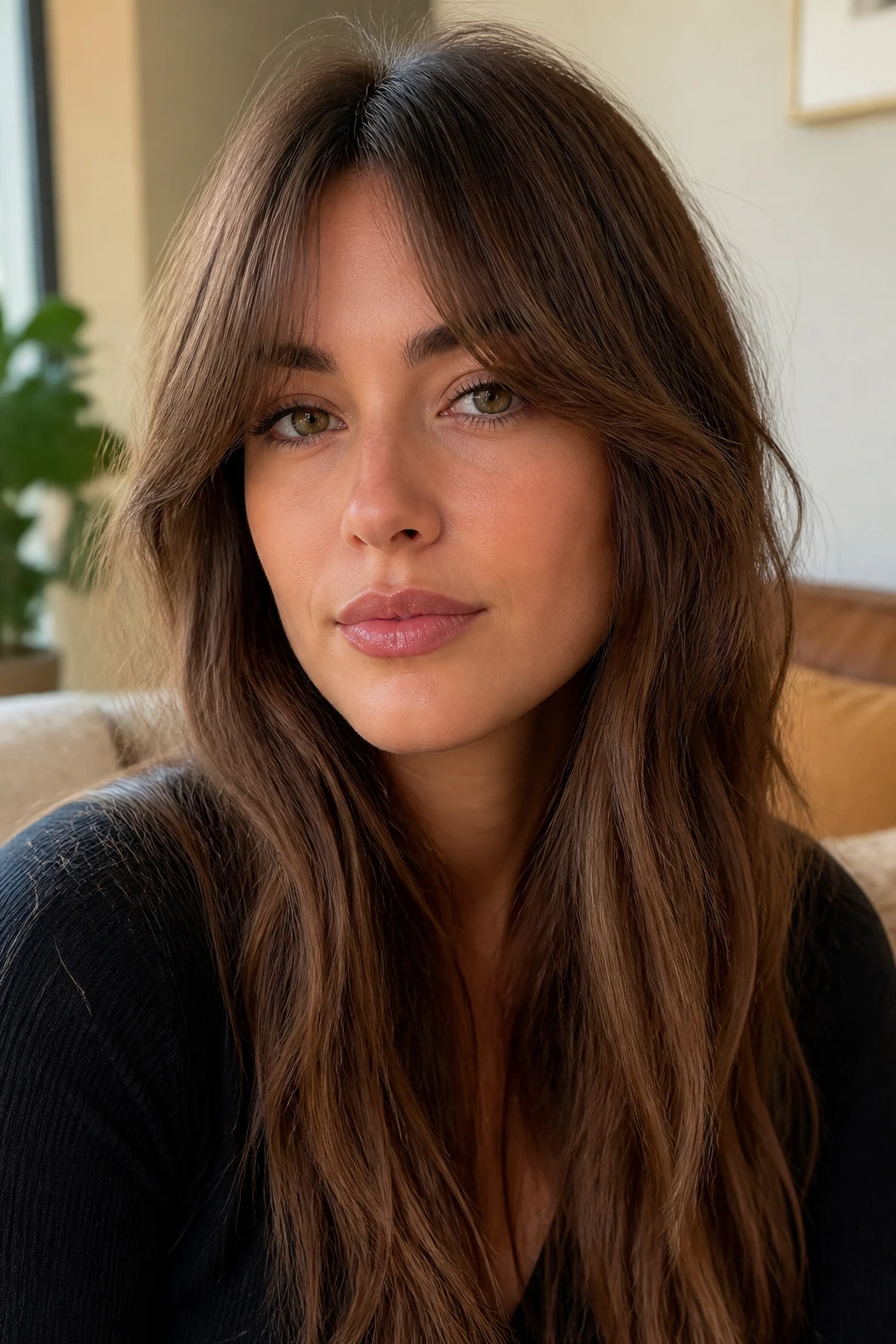 Close-up of a real woman with arched feather bangs lifted in the middle
