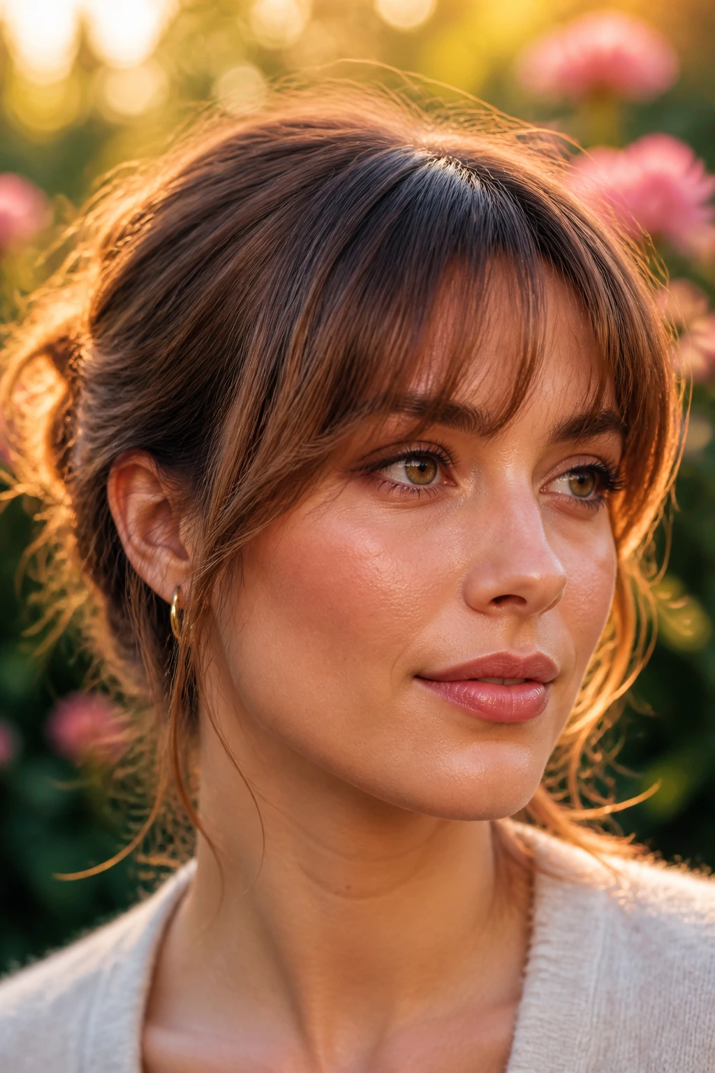Close-up portrait of a real person wearing arched feathered fringe with a soft arc.