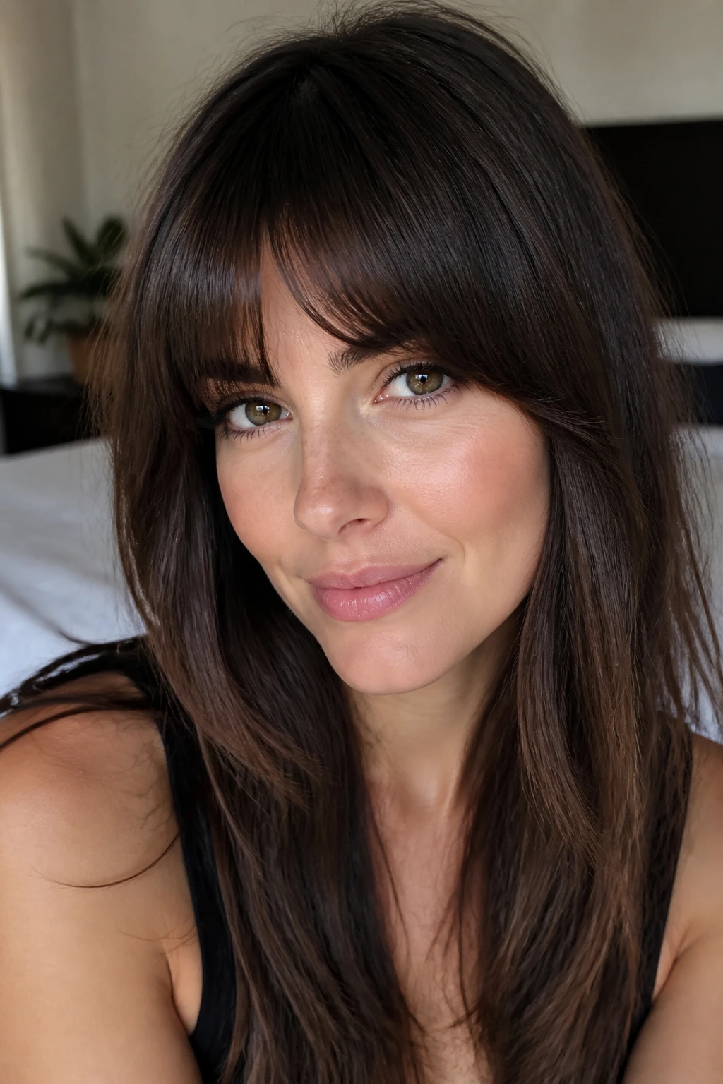 Close-up portrait of a real woman with an arched brow fringe in natural window light