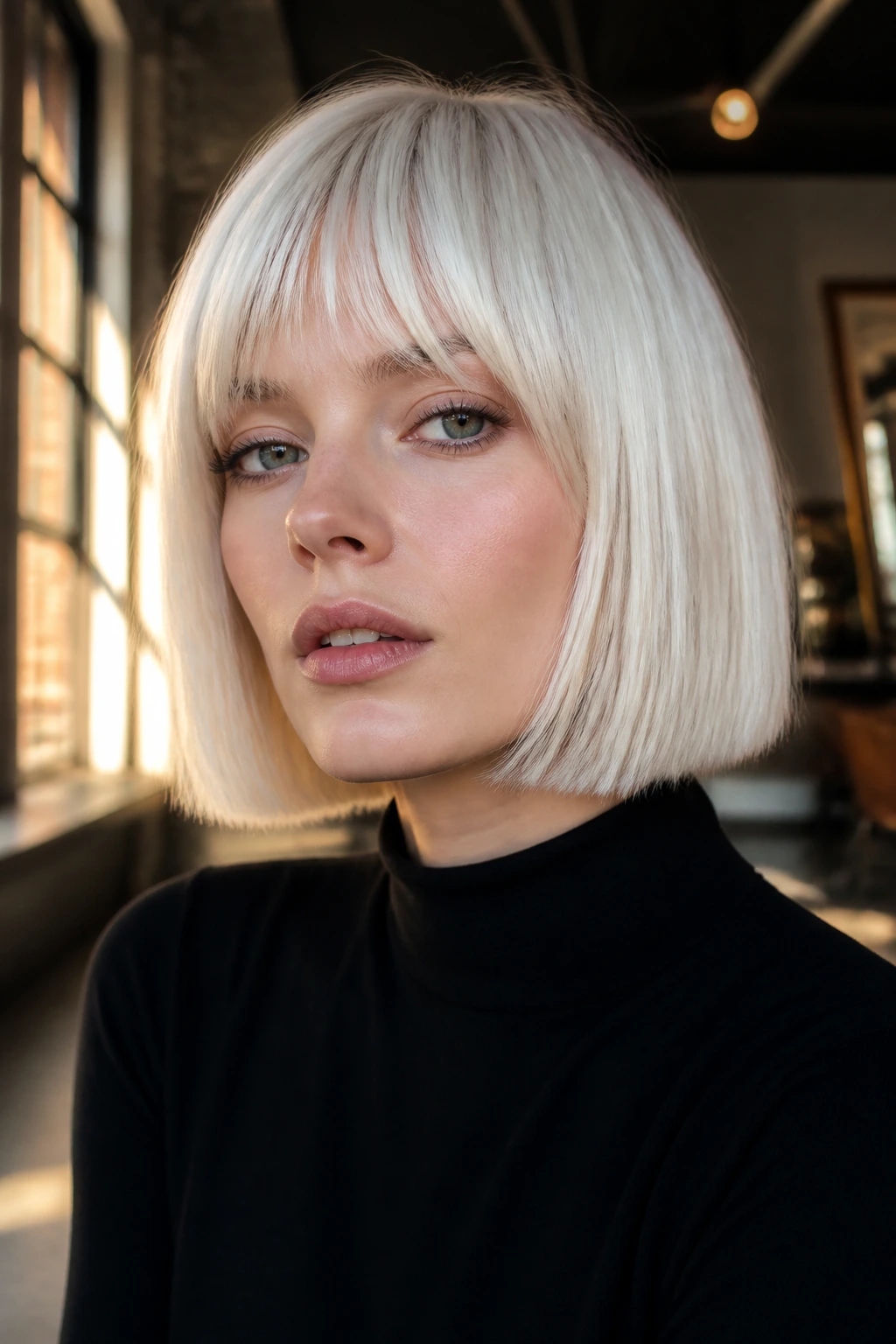 Real person with arched fringe and blunt bob in ice blonde