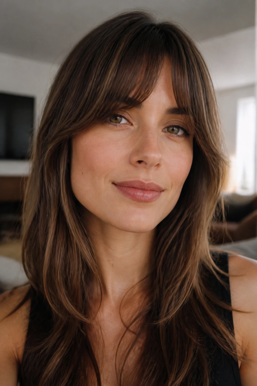 Close-up portrait of a real woman with an arched fringe grazing the brows in warm window-lit living room.