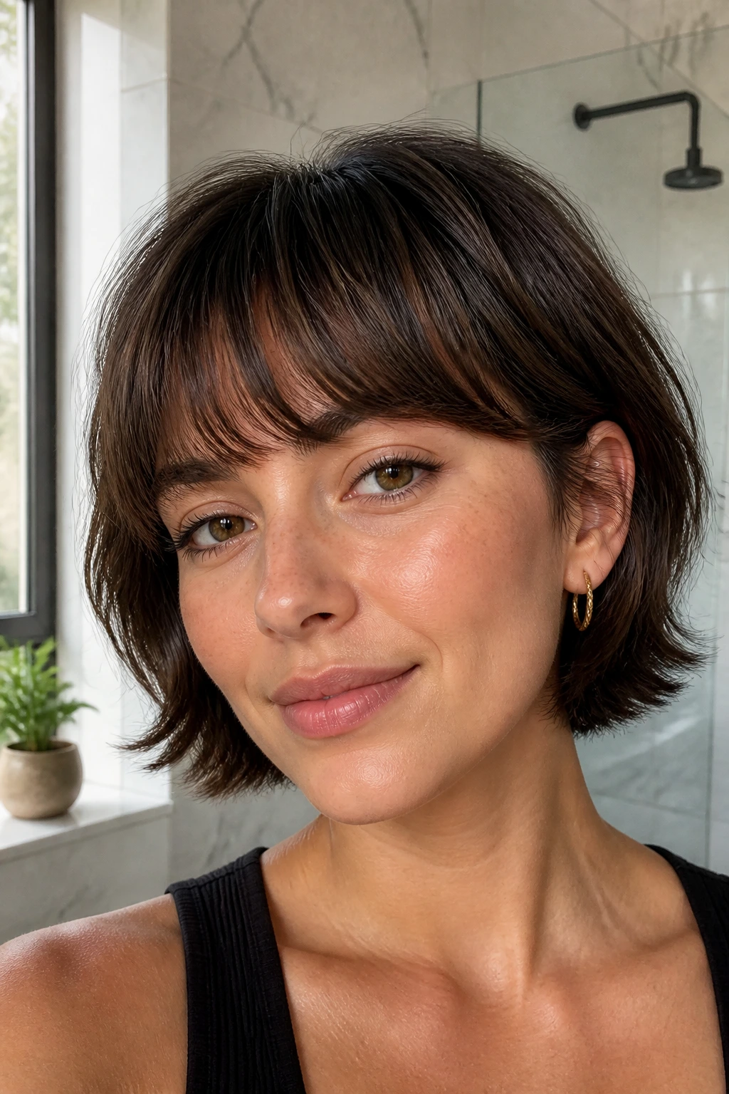 Close-up of a real woman wearing a soft arched fringe that mirrors the brow line.