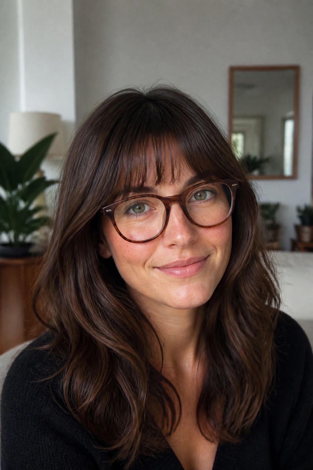 Close-up of a real woman with brow-skimming arched fringe in soft lighting
