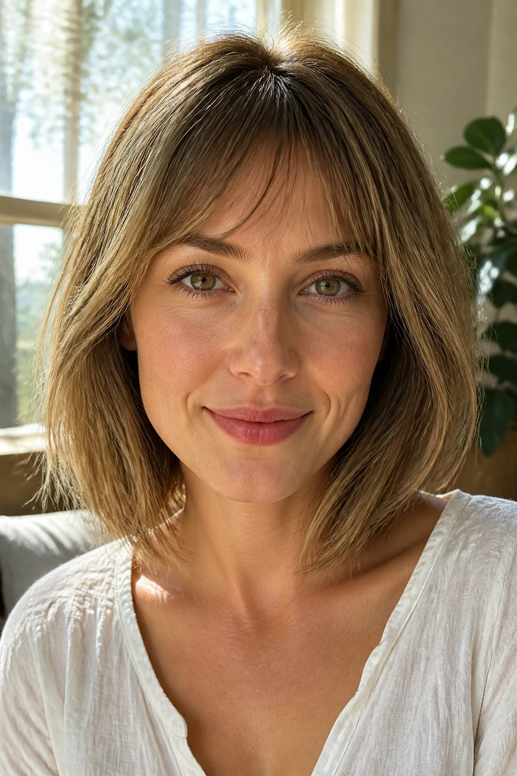 Close-up of a real woman with an arched fringe in soft, flattering light
