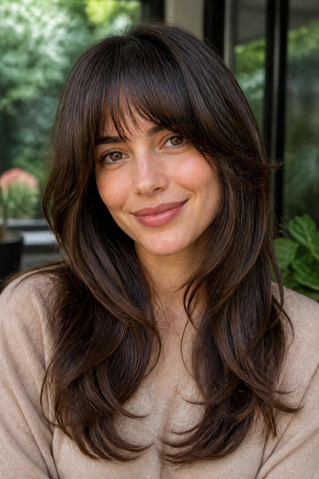 Close-up of a real person with arched fringe and long layers by a garden view window