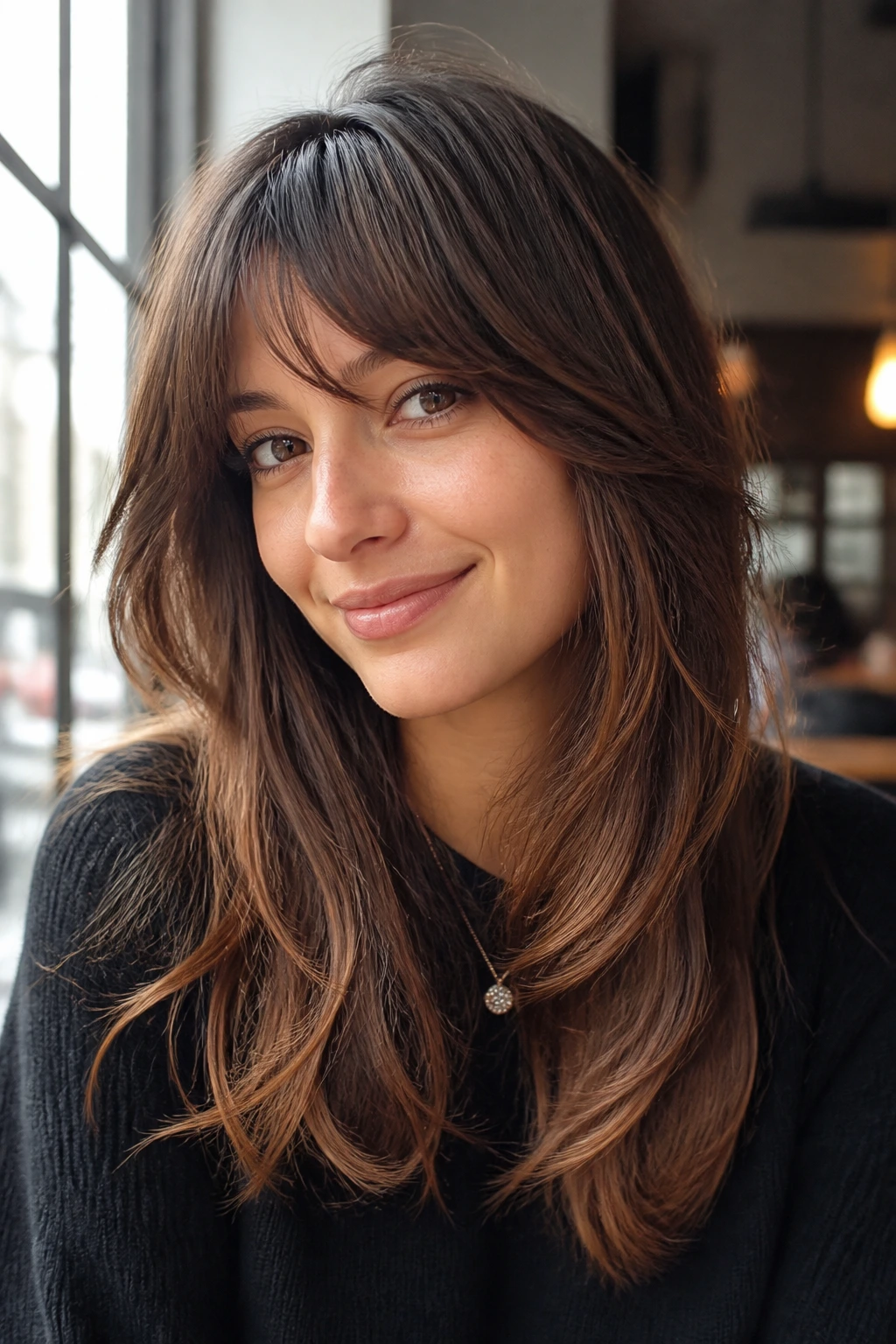 Close-up portrait of a real woman with arched fringe and dimensional mid-length layers.