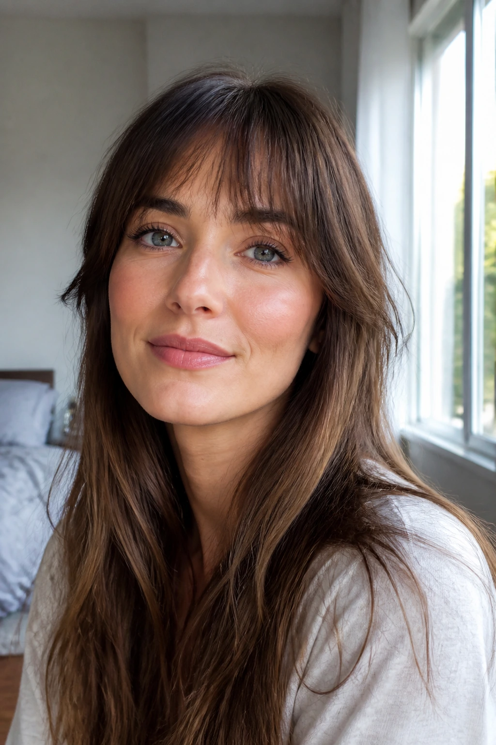 Close-up of a woman with arched textured fringe opening the eyes.