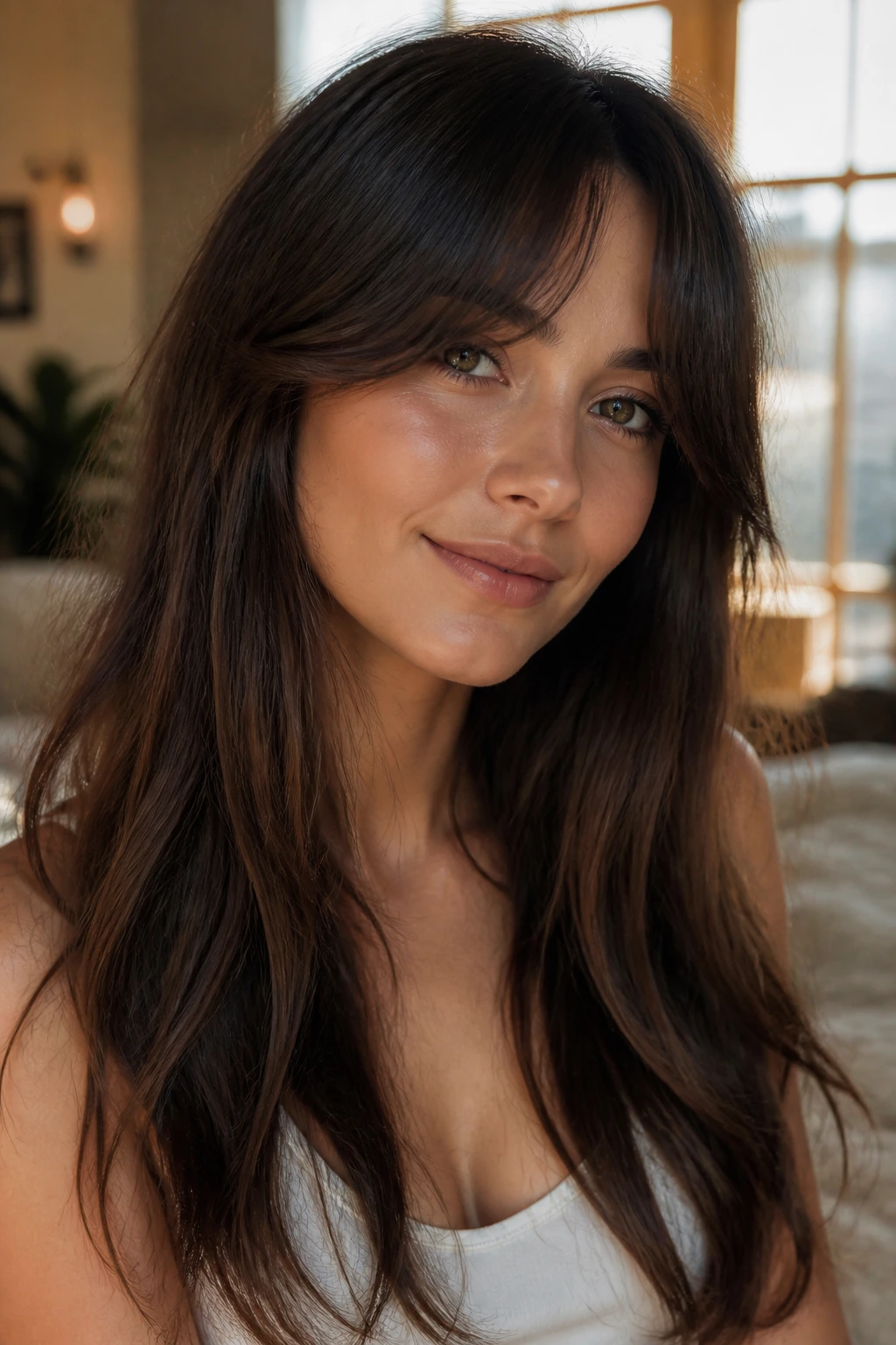 Close-up of a real woman with arched front bangs under warm indoor light