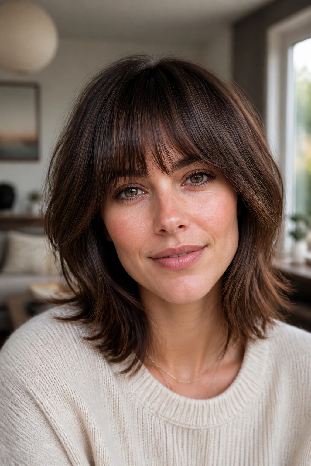 Close-up portrait of a real woman with arched full-bang shag.