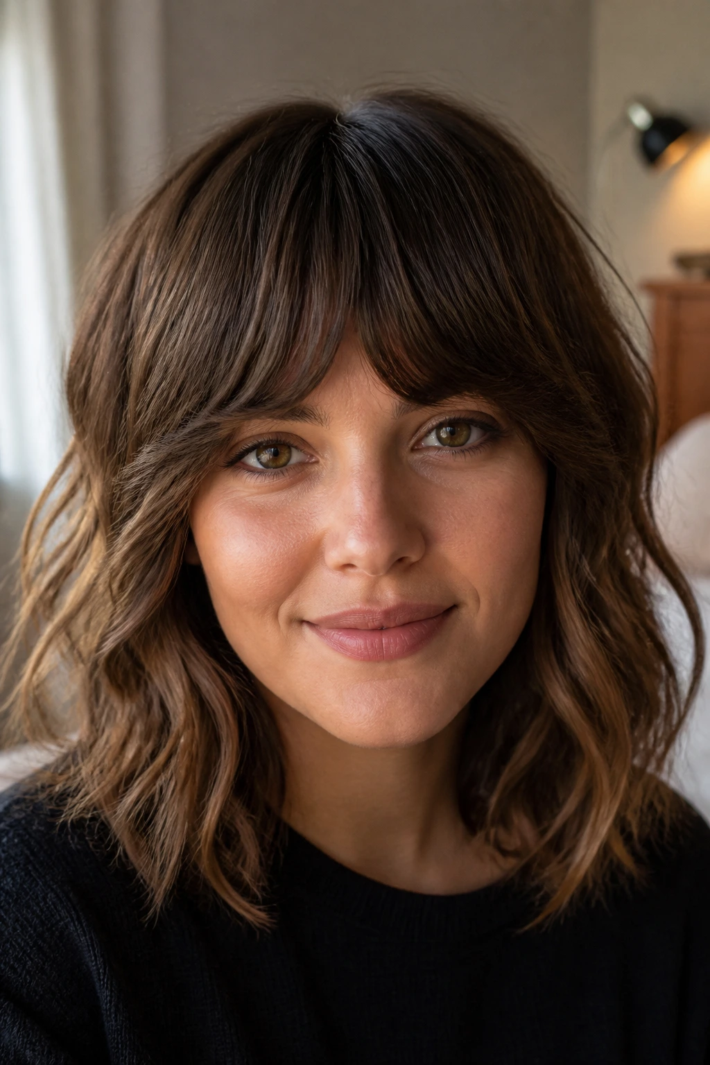 Real woman with arched full fringe and loose waves in a portrait.