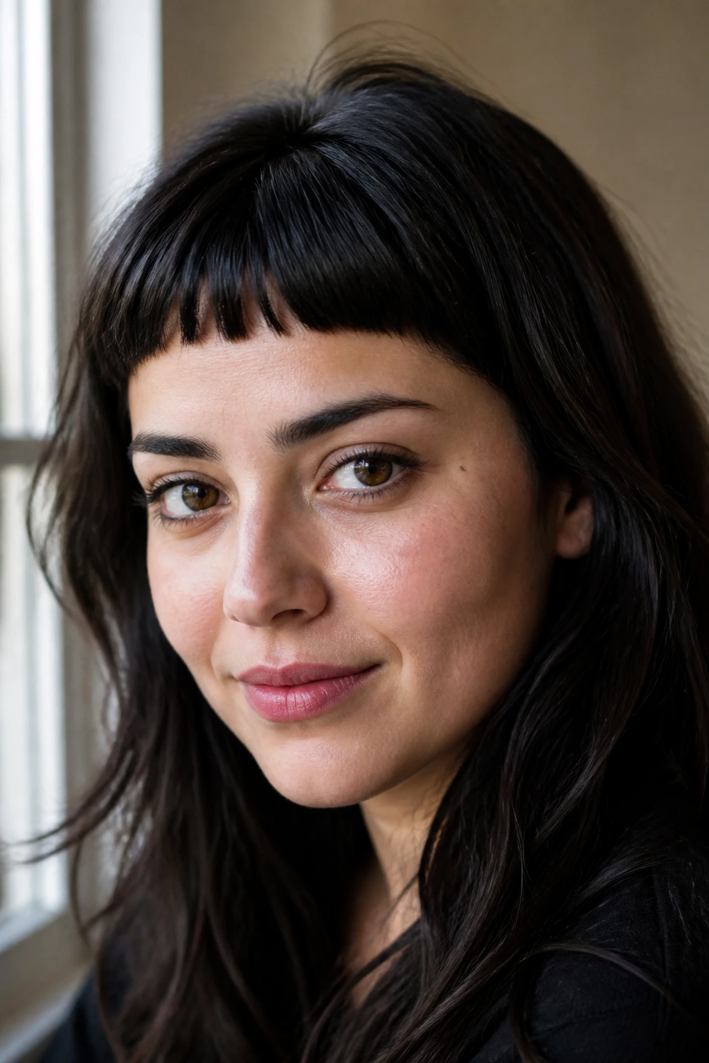 Portrait of a woman with an arched micro fringe