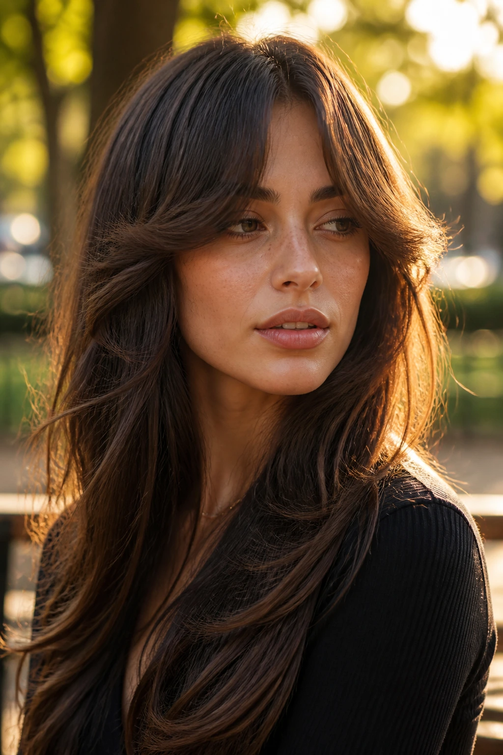 Close-up of a real woman with arched swoop bangs framing a long face in warm golden hour light