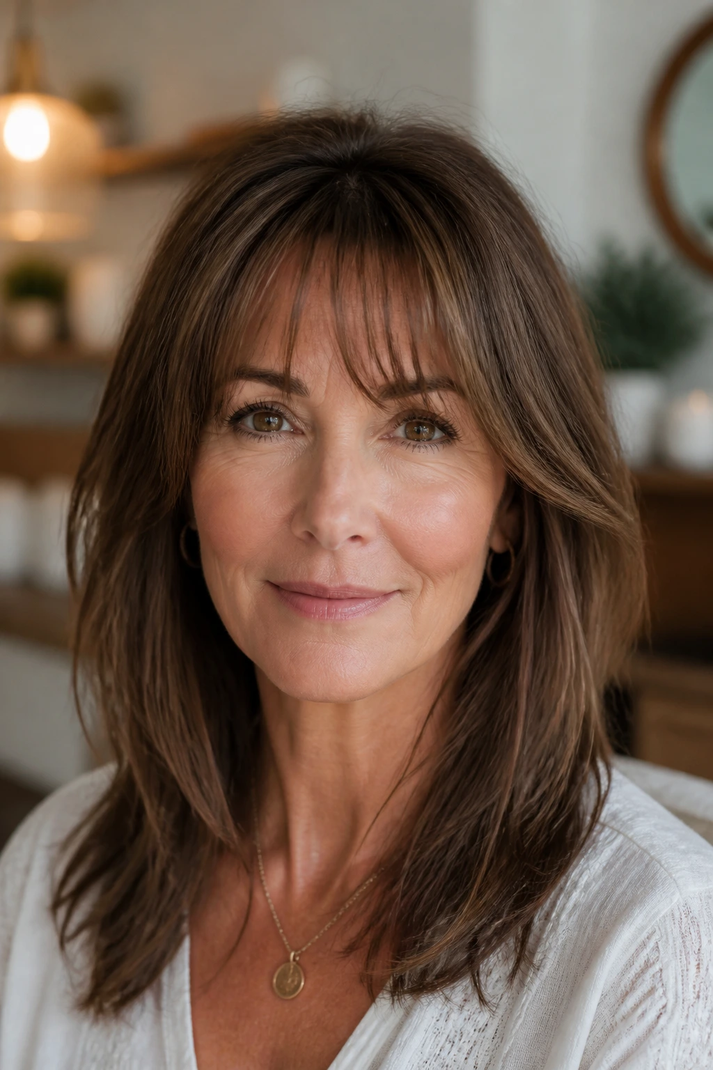 Close-up of a woman with arched wispy bangs