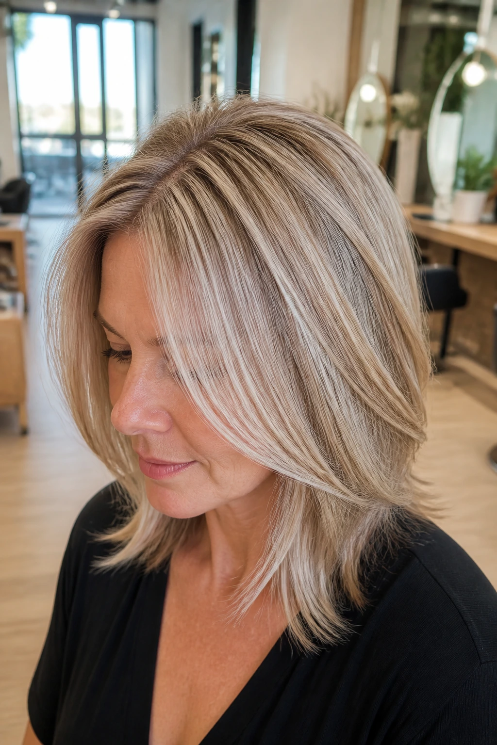 Close-up of Arctic beige babylights in fine hair on a real person