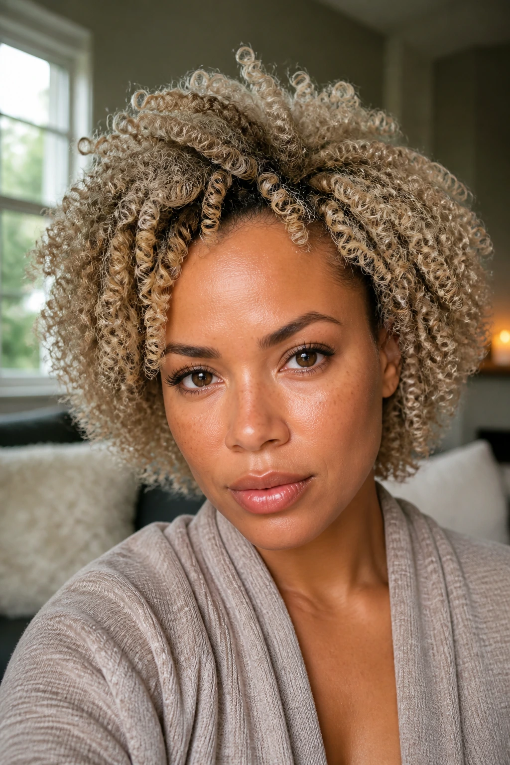 Close-up of a real woman with arctic beige coil hairstyle.
