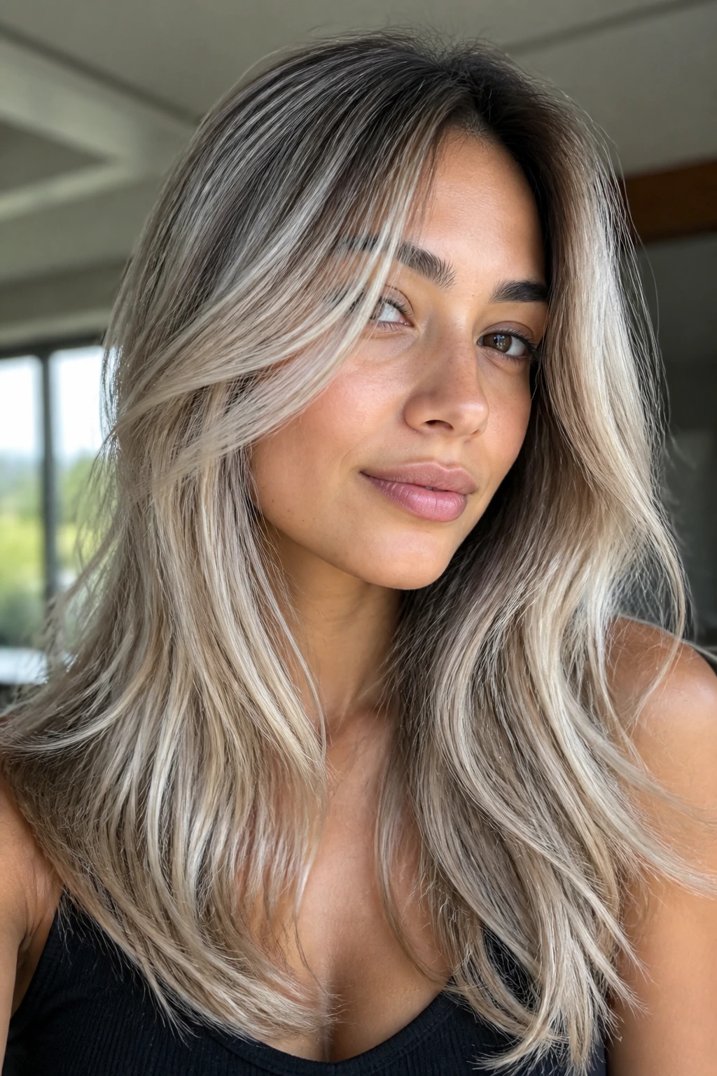 Close-up of a real person with arctic beige layered blonde hair