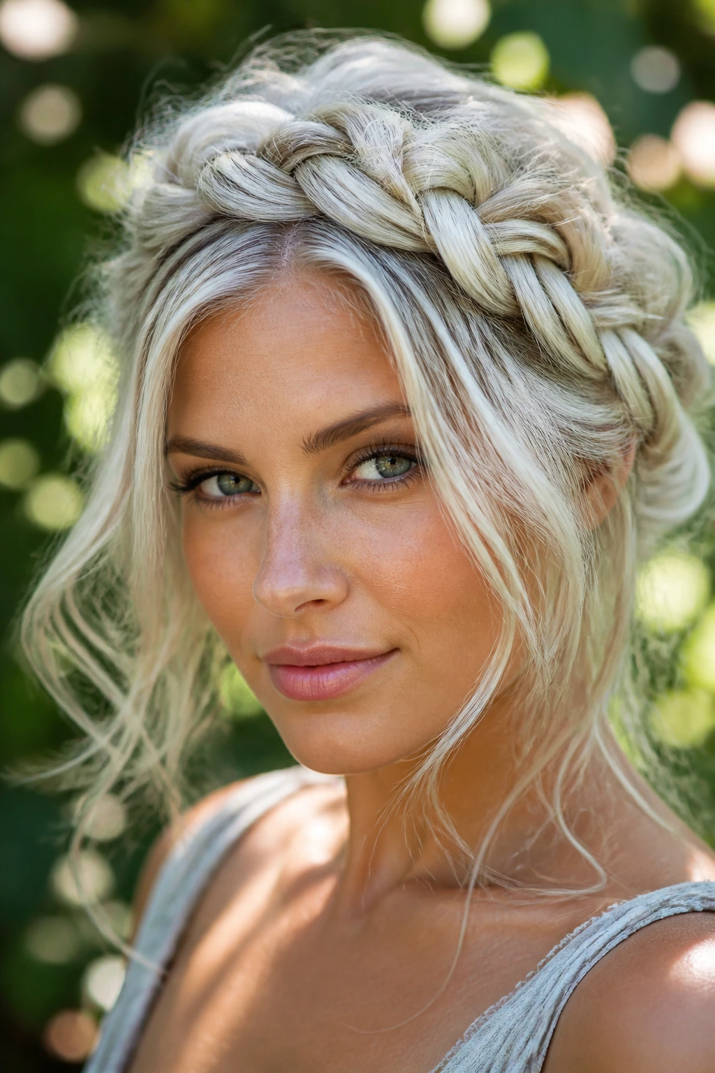 Real woman wearing arctic blonde braided crown in a garden setting