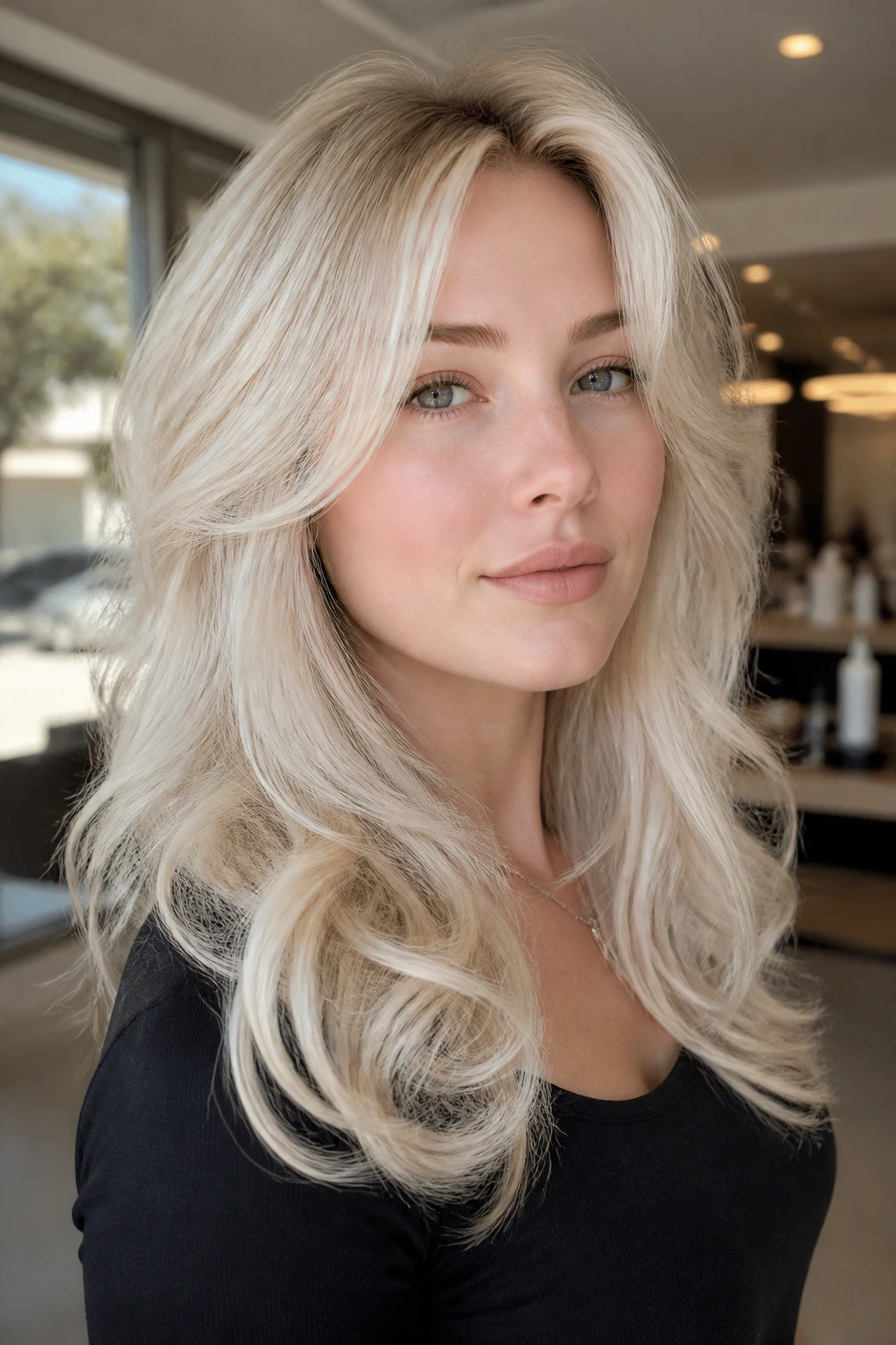 Portrait of a real woman with Arctic Butterfly Cut Curls and icy blonde layers