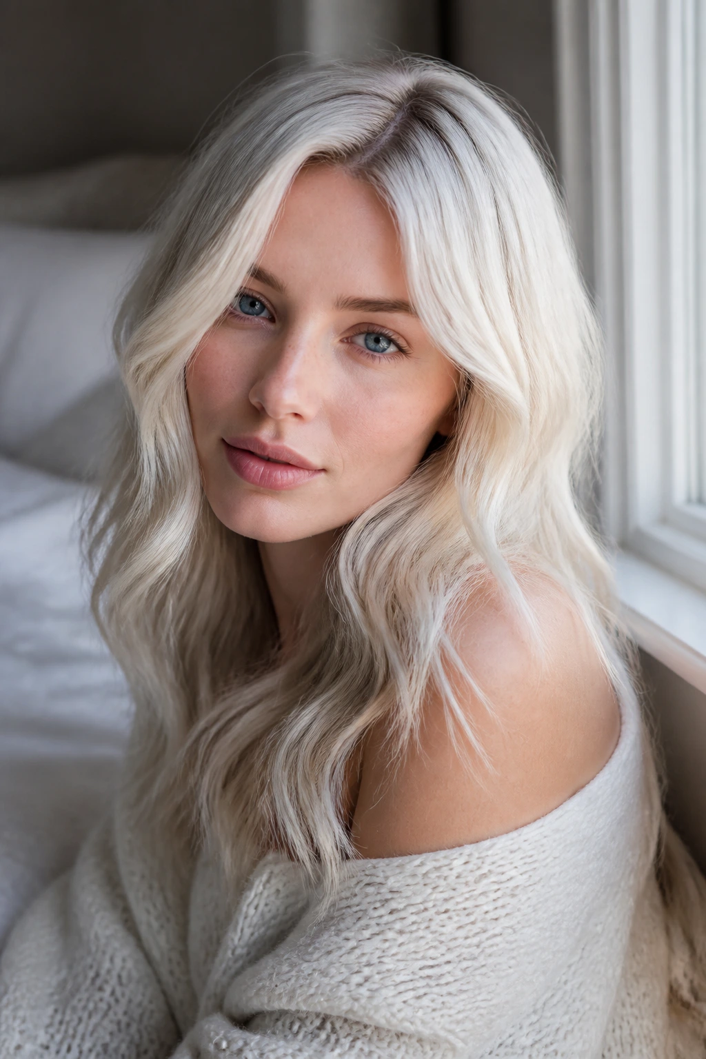 Close-up of a person with softly styled arctic blonde hair