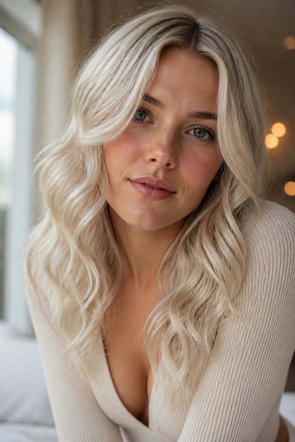 Portrait of a real woman with pearl-ice arctic blonde near the face in soft window light