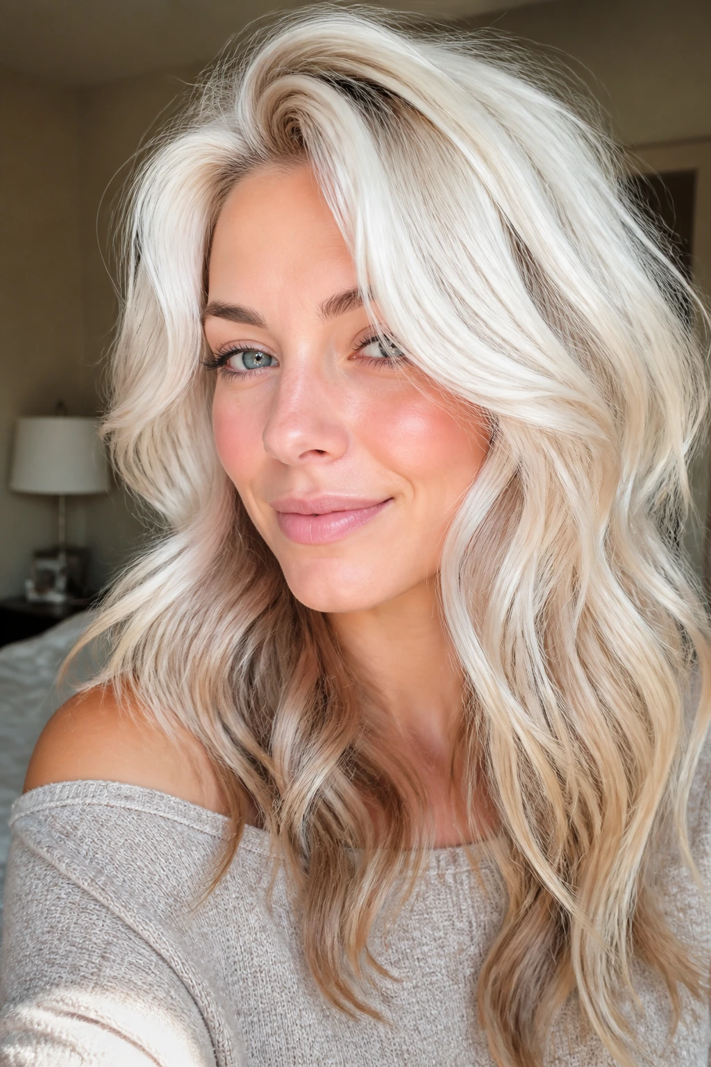 Close-up of a woman with dimensional arctic blonde and peekaboo lowlights in natural window light
