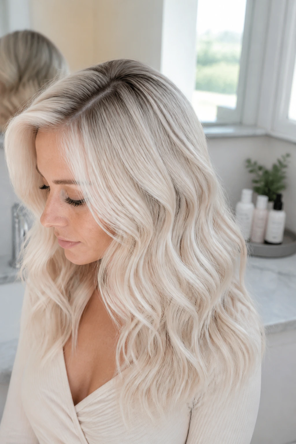 Close-up of a real woman with shadow root arctic blonde in bathroom daylight