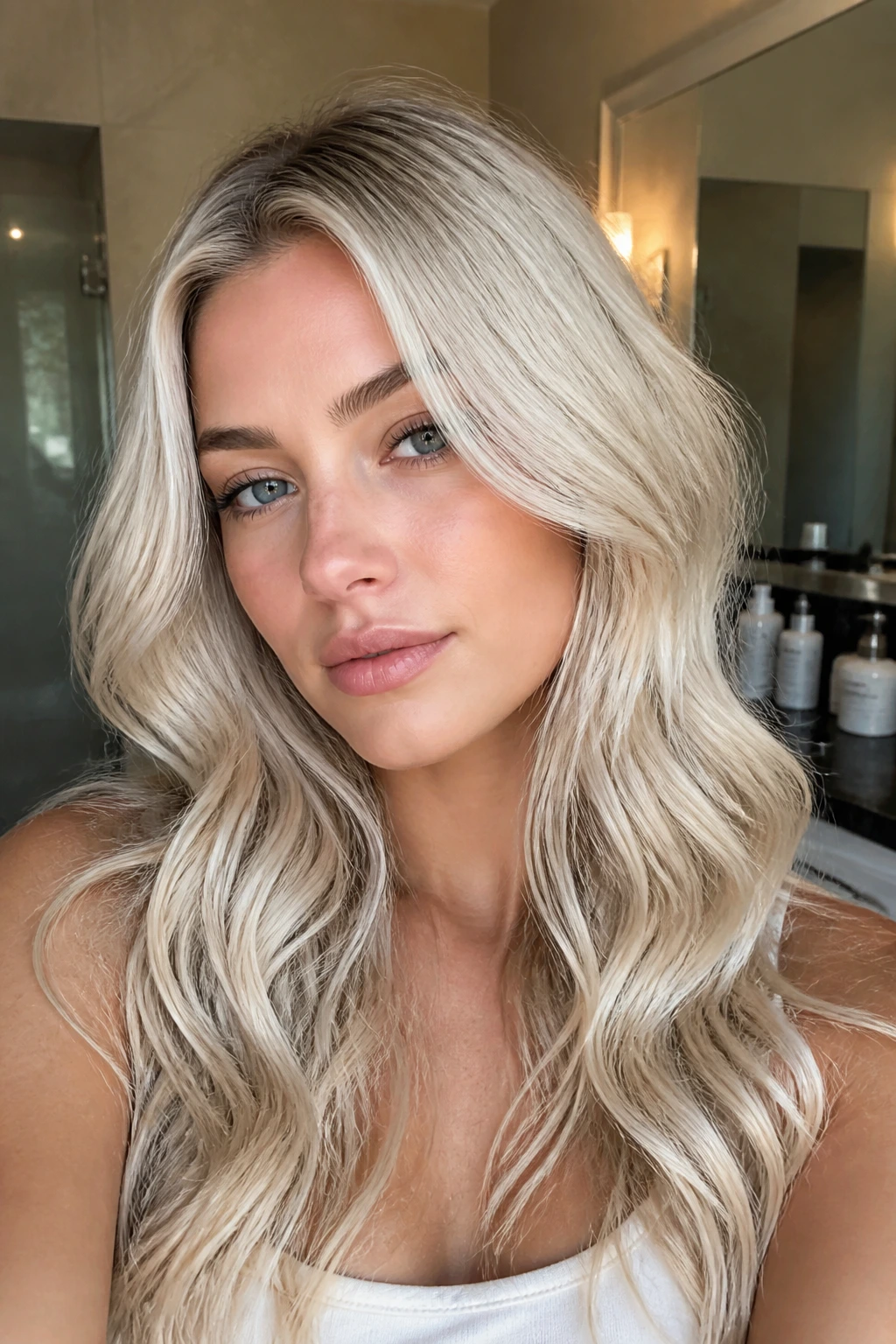 Portrait of a person with cool-toned arctic blonde hair and subtle toner depth