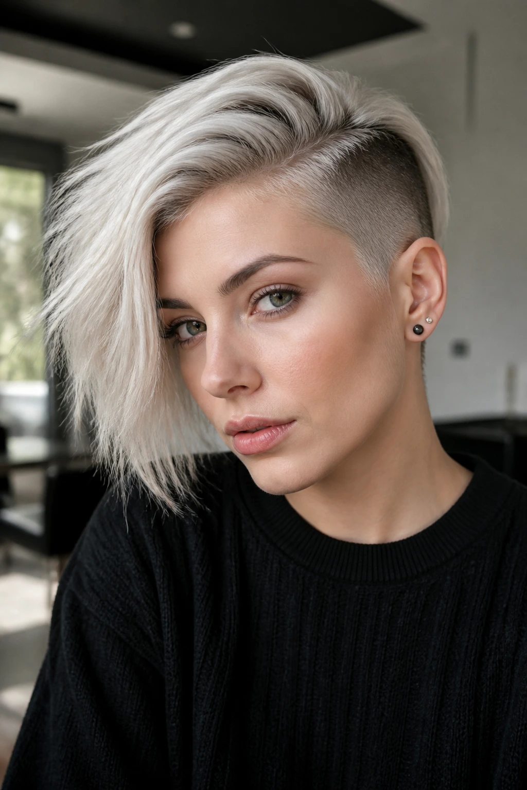 Close-up of real person with Arctic Blonde undercut and side sweep