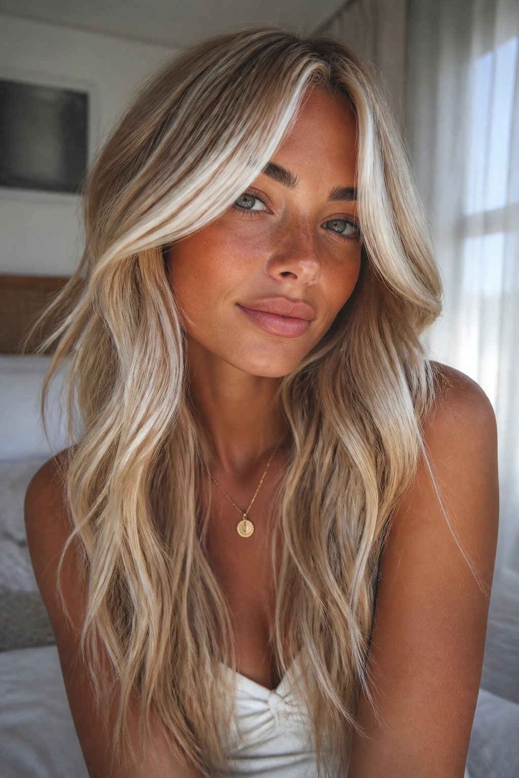 Close-up of real woman with Arctic Curtain Bangs on Long Waves, tan skin, Nordic blonde highlights