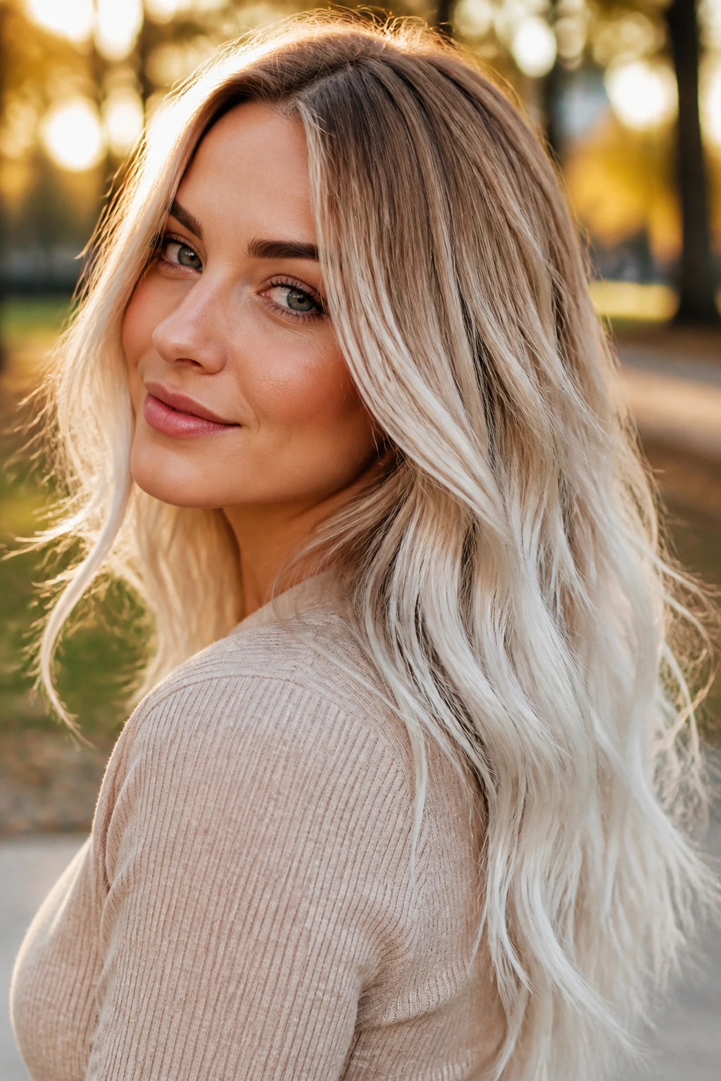 Portrait of long hair with icy Arctic ends and warm root shadow on a real person