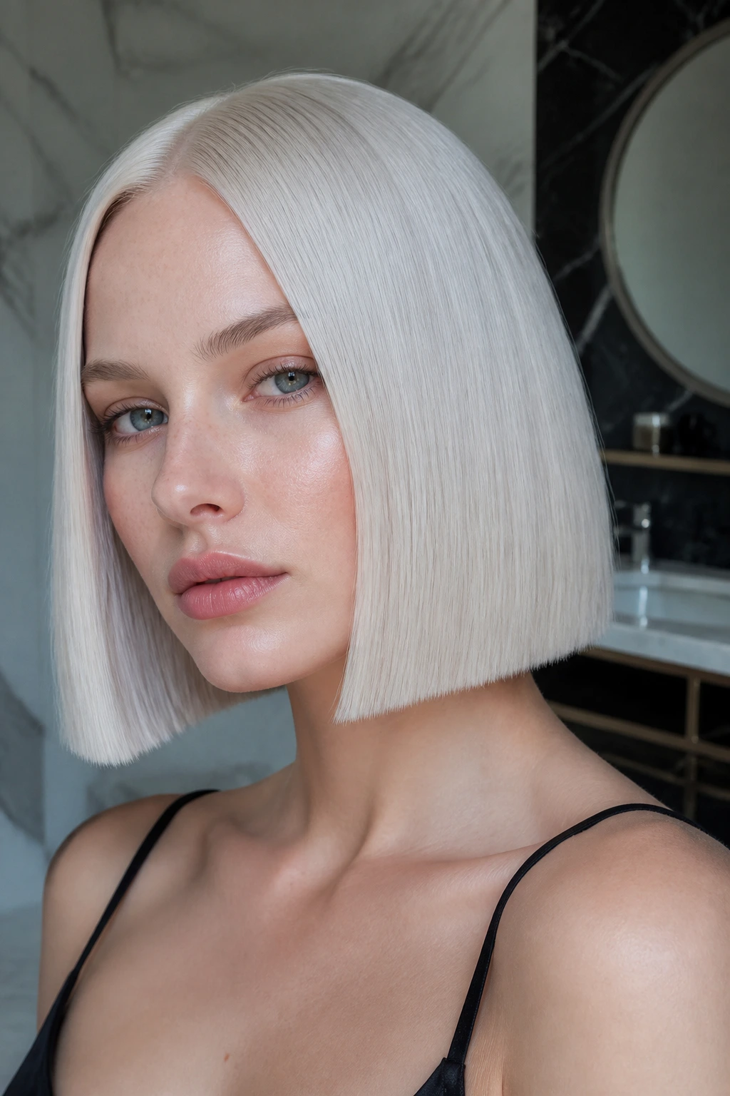 Close-up of a woman with Arctic platinum blunt cut and crisp silver ends.