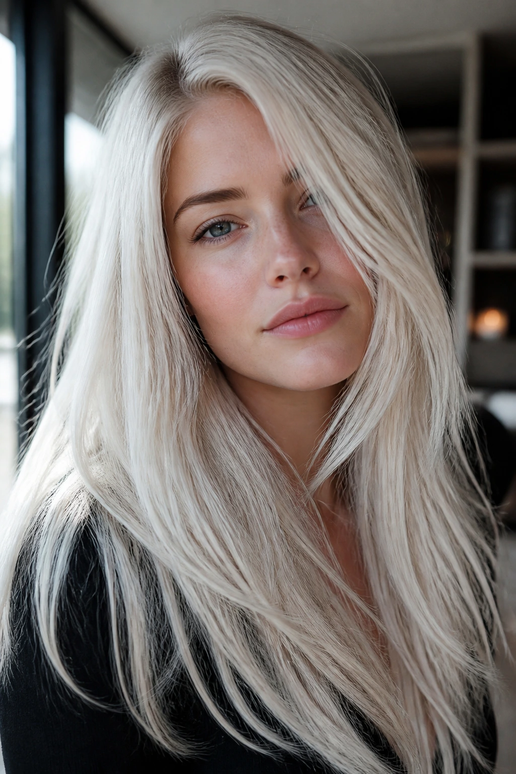 Portrait of a person with arctic long layered platinum hair