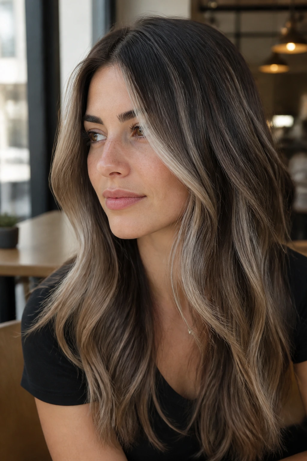 Close-up brunette with Arctic Sand babylights, pale beige to frost tones.
