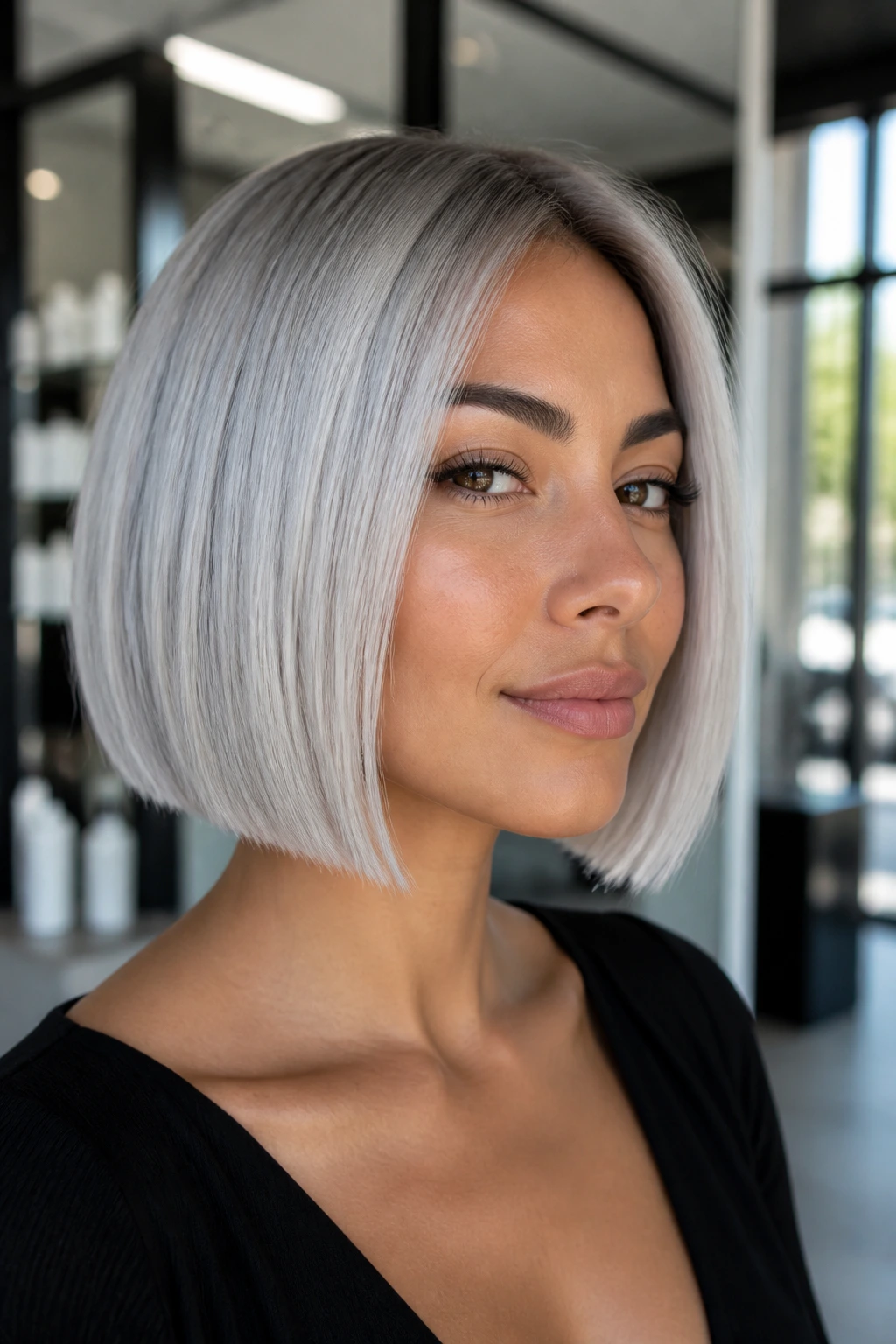 Close-up of a person with an Arctic silver blunt bob on olive skin.