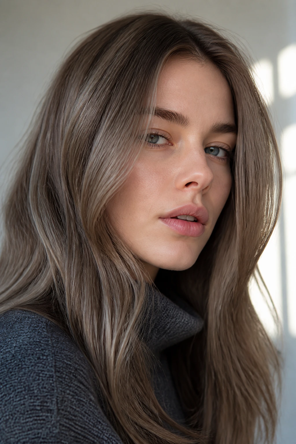 Close-up portrait of a woman with Arctic taupe brown hair in bright natural light