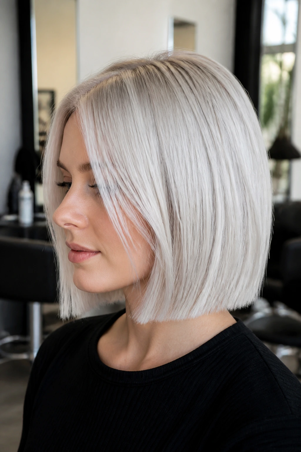 Close-up of brunette-to-icy platinum hair with a blunt bob in a bright salon