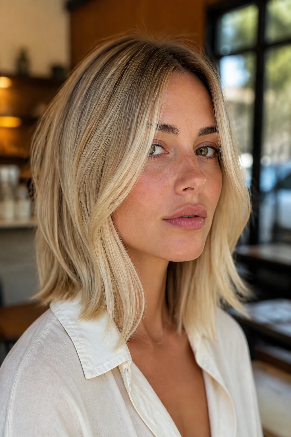 Portrait of a real woman with collarbone-length Argentine face-framing lob in cream blonde