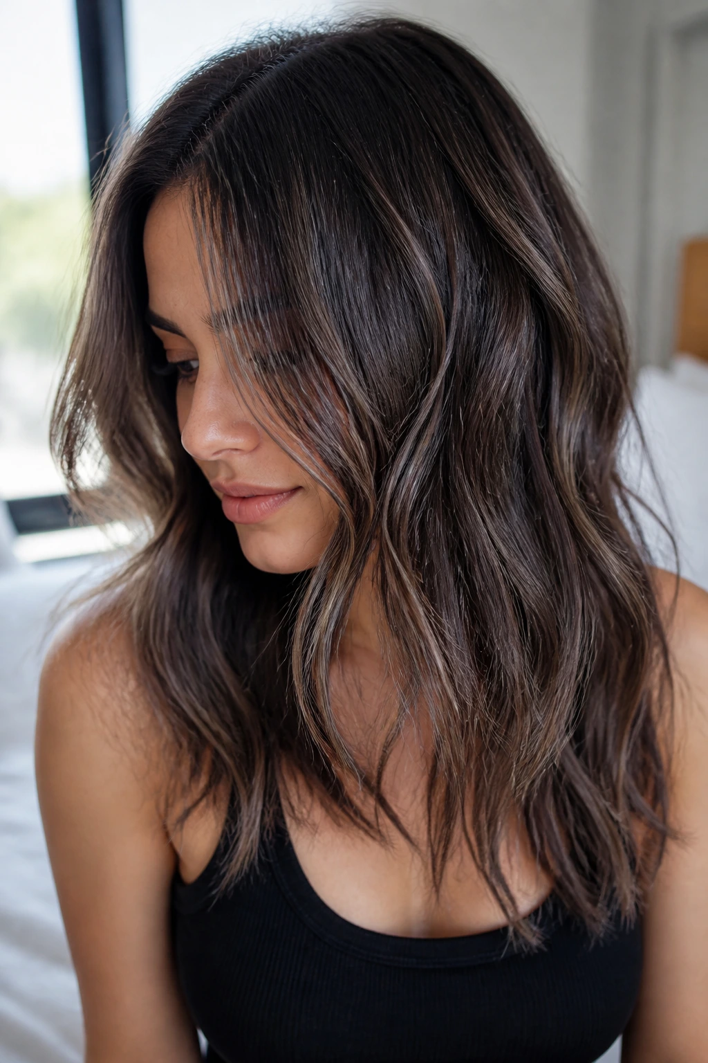 Close-up of fine ash babylights over a dark base on real hair