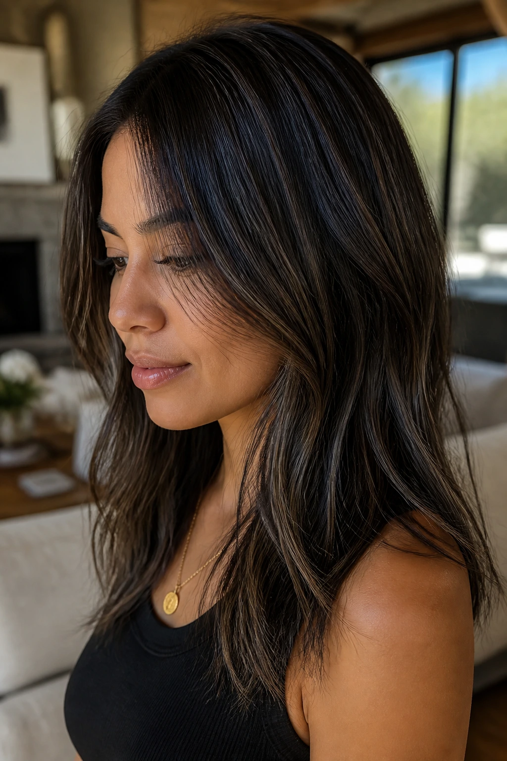 Close-up of a real woman's hair with ultra-fine ash-black babylights on warm skin.