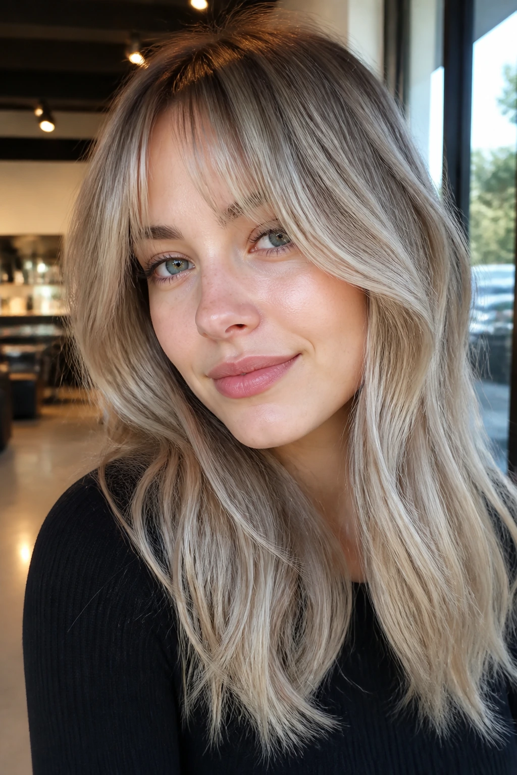 Close-up portrait of a real woman with Bardot bangs and cool ash balayage around the face