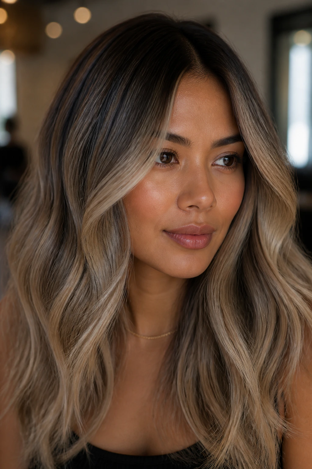 Close-up portrait of a real woman with smoky beige ash balayage on medium skin